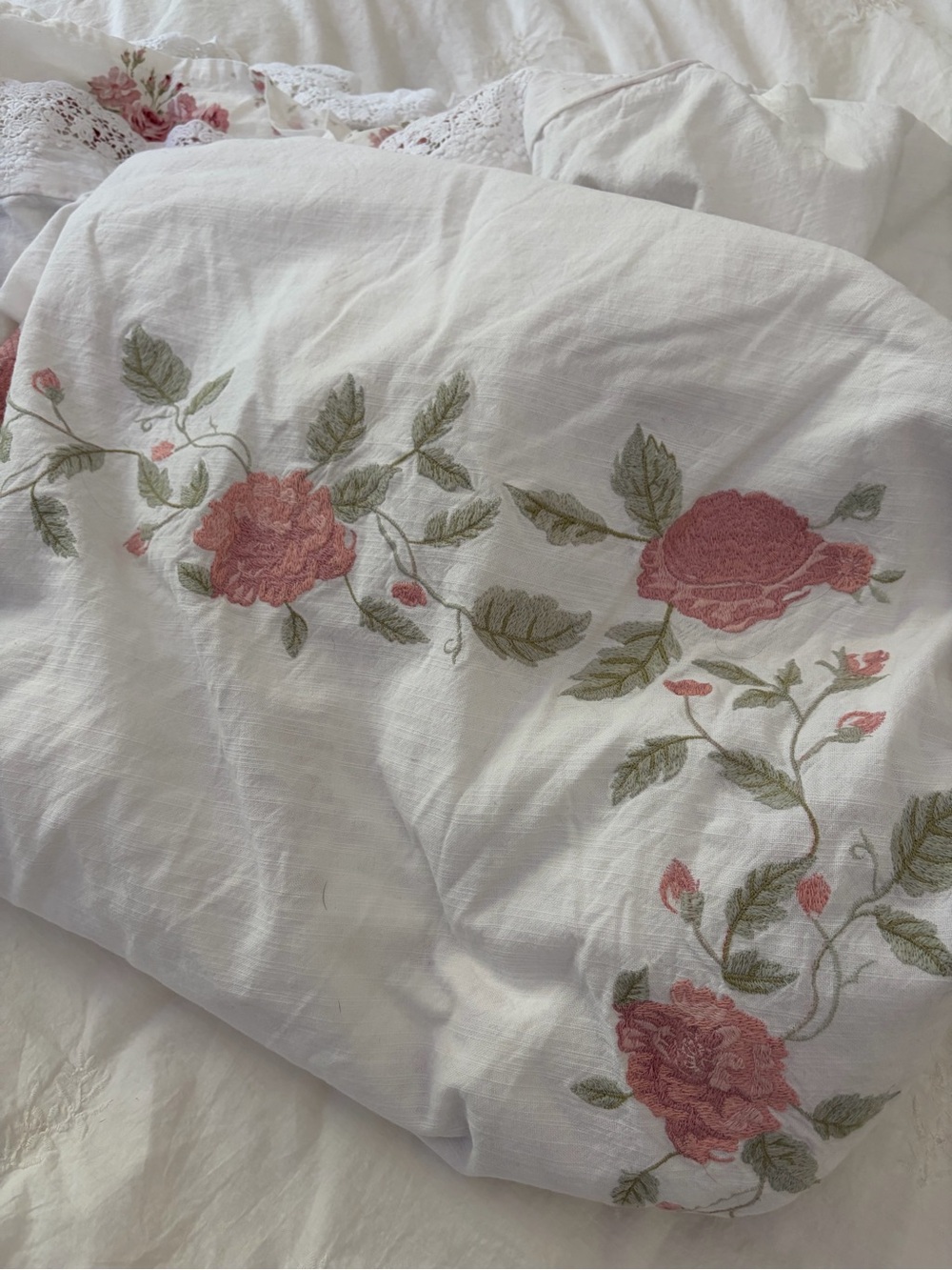 LoveShackFancy White Duvet Cover with Pink Rose Embroidery